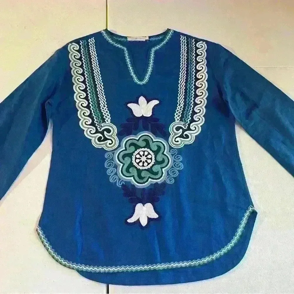 Tory Burch *Emilia* Tunic Size 2 Floral  Embroidered V-Neck Linen Top Shirt Blue